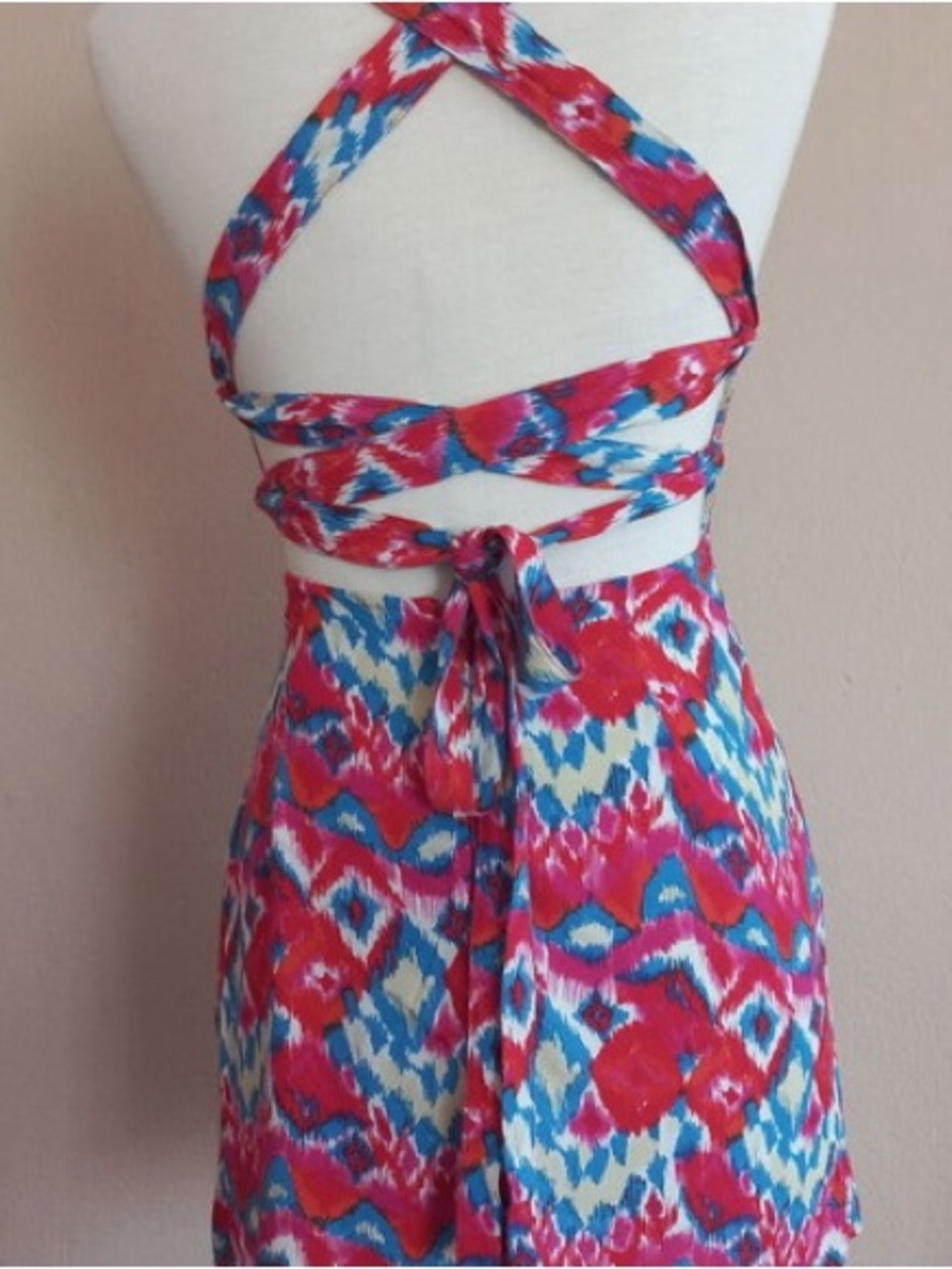 π NWT Zara Ikat Print Mini Dress Red Blue Lace Up Back Large - Picture 7 of 17